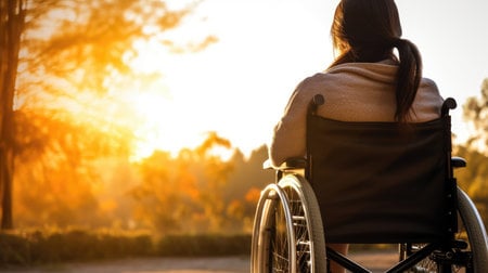 225146185 young woman in wheelchair in park at sunset back view space for text